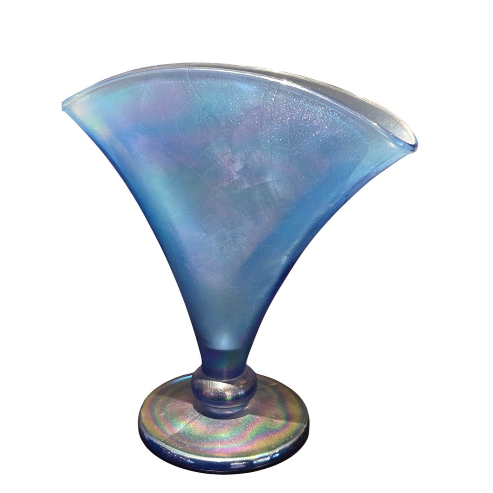 Vintage‎ Fenton Blue Glass Fan Vase Iridescent Art Deco MCM Pedestal Base 8.5"